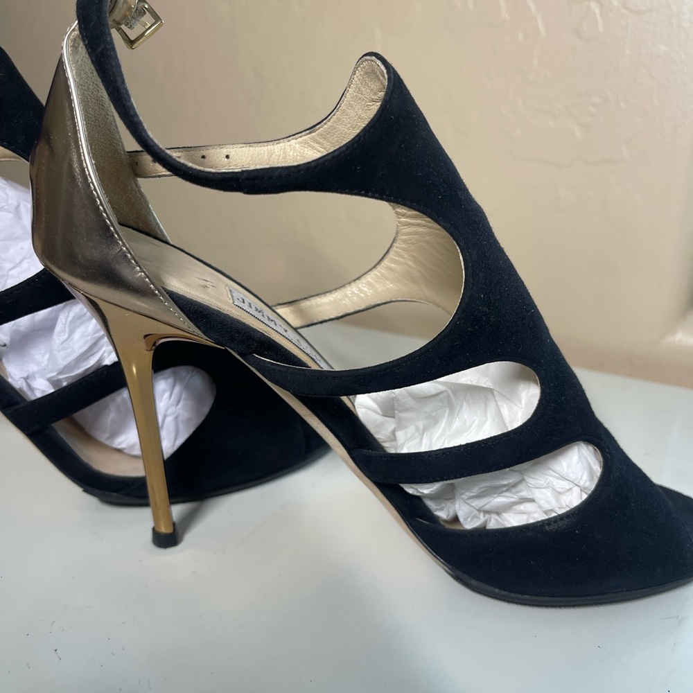 Jimmy Choo Tida Suede Black Cut Out Sandal with Gold Heel US Womens Size 8.5